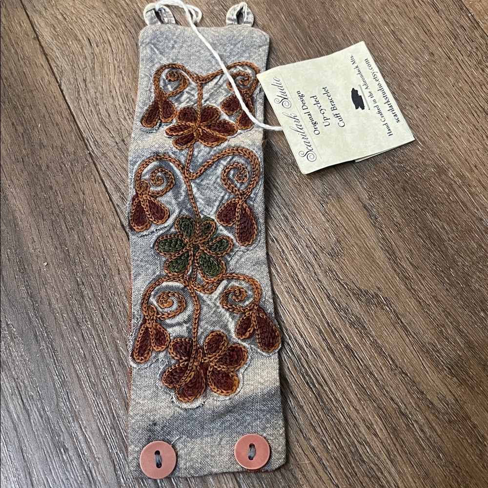 Embroidered Gray and Brown Cuff Bracelet